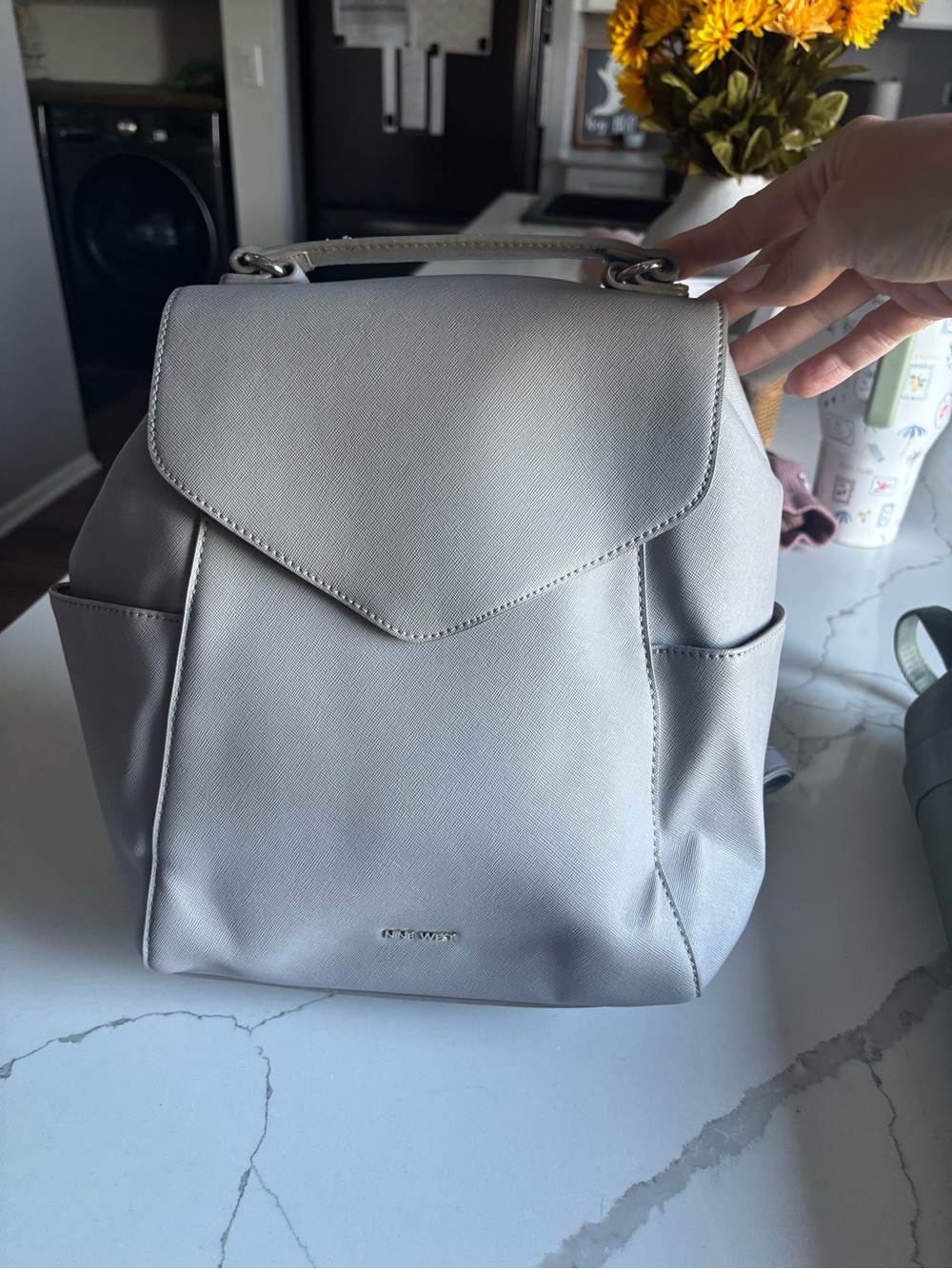 Nine West Light Gray Leather Backpack Tote
